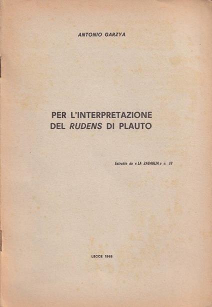 Per l'interpretazione del Rudens di Plauto - Antonio Garzya - copertina