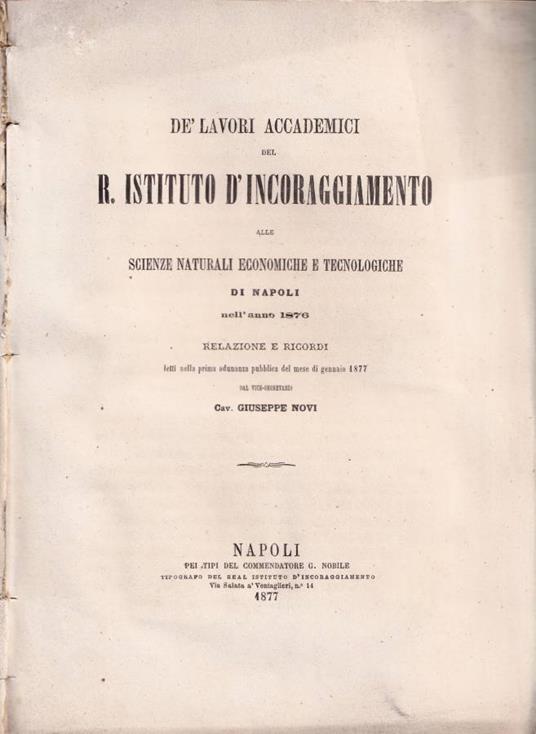 De' lavori accademici del R. Istituto d'incoraggiamento alle Scienze naturali economiche e tecnologiche di Napoli nell'anno 1876 - Giuseppe Novi - copertina