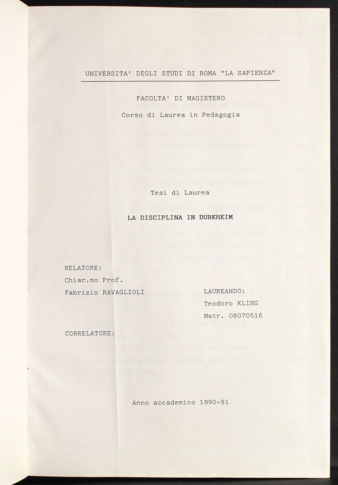 Tesi di laurea. La disciplina in Durkheim