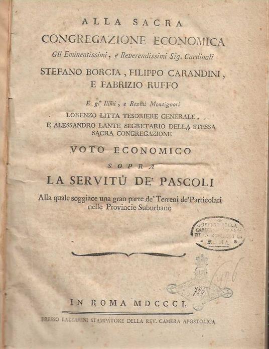 Voto Economico sopra La Servitù de' Pascoli alla quale soggiace una gran parte de' Terreni de' Particolari nelle Provincie Suburbane - Paolo Vergnani - copertina