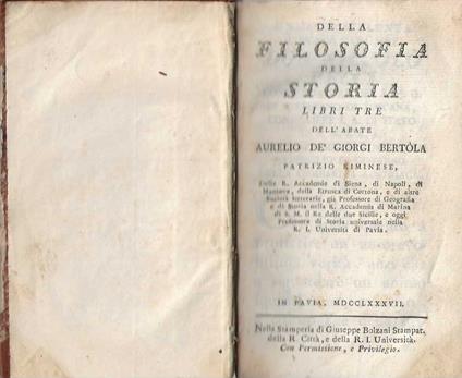 Della Filosofia della Storia libri tre - Aurelio Bertola de' Giorgi - copertina