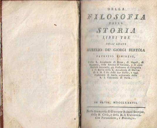 Della Filosofia della Storia libri tre - Aurelio Bertola de' Giorgi - copertina