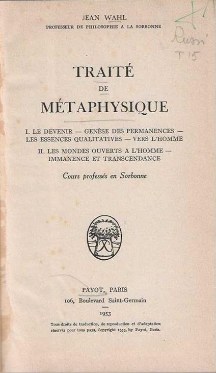 Traité de Metaphysique - Jean Wahl - copertina