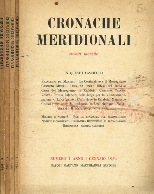 Cronache meridionali. Rivista mensile n.1, 2, 4, 6, anno 1954 - copertina
