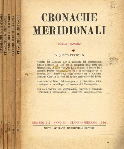 Cronache meridionali. Rivista mensile n.1/2, 3, 7/8, 9, 10, anno 1956 - copertina
