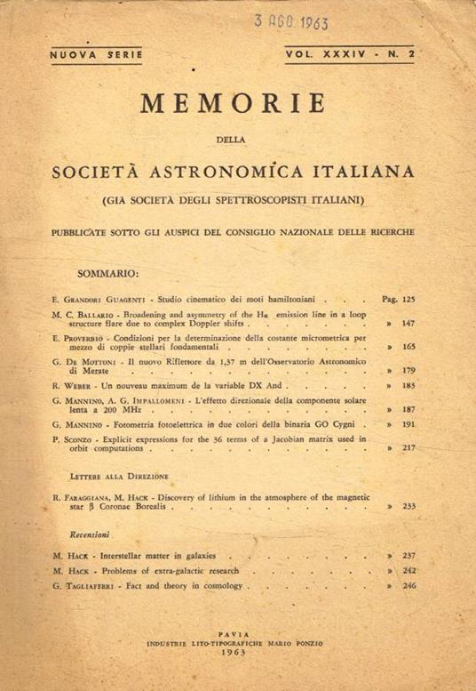 Memorie della società astronomica italiana n.2, 1963 - copertina