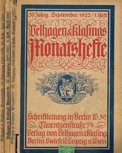 Velhagen & Klasing's Monatshefte, vol.37, fasc.1, 8, 10, settembre 1922, aprile e giugno 1923 - copertina