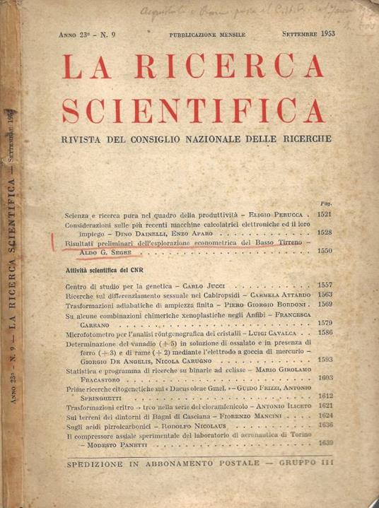 La Ricerca Scientifica. Rivista del Consiglio Nazionale delle Ricerche - Anno 23° - N. 9 - Settembre 1953 - copertina
