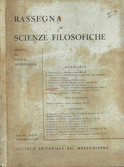 Rassegna di Scienze Filosofiche - Anno XIV - N.ri 3-4 - Luglio-Dicembre 1961 - copertina