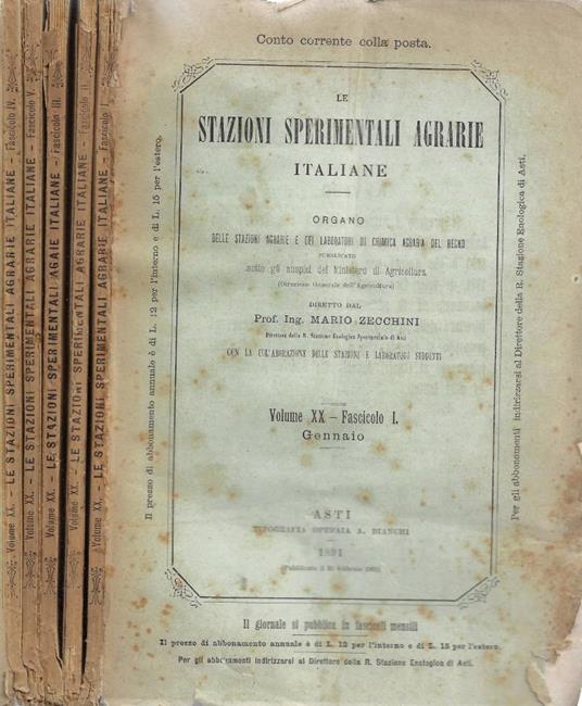Le Stazioni Sperimentali Agrarie Italiane - Volume XX - 1891 - Fascicolo I (Gennaio), Fascicolo II (Febbraio), Fascicolo III (Marzo), Fascicolo IV (Aprile), Fascicolo V (Maggio) - copertina