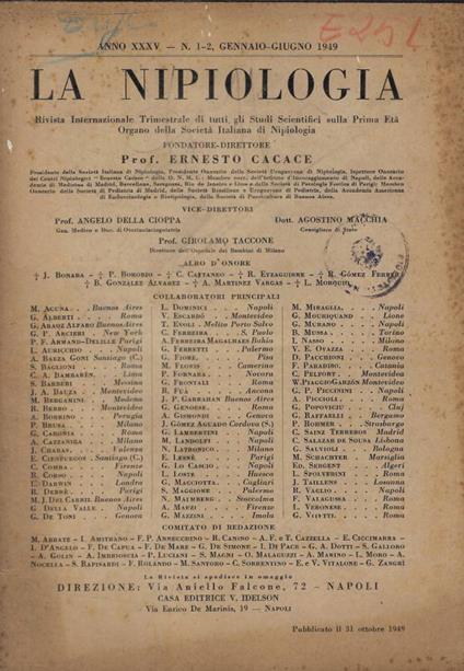 La nipiologia n. 1-2 Anno 1949 - copertina