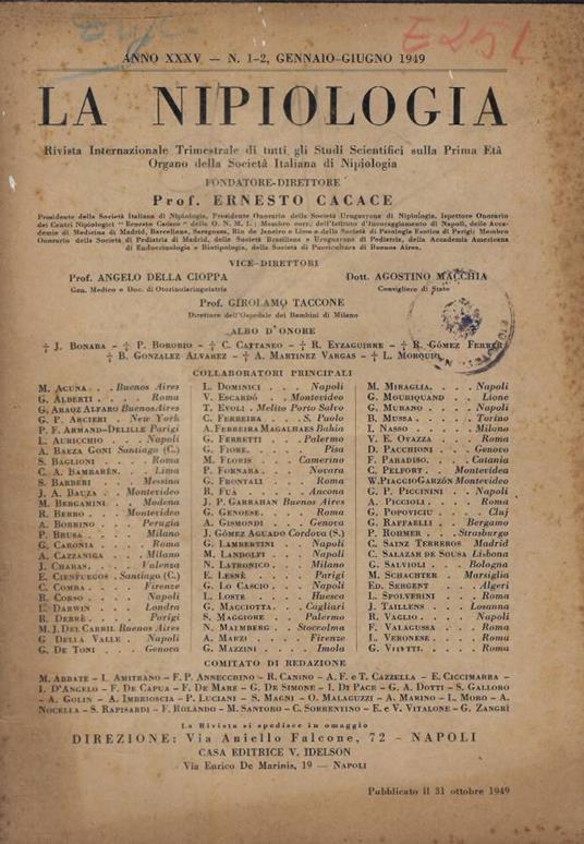 La nipiologia n. 1-2 Anno 1949 - copertina