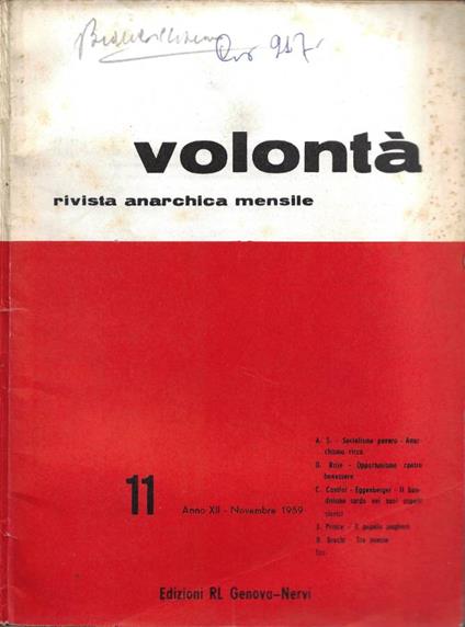 Volontà. Rivista Anarchica Mensile - Anno XII - N. 11 - Novembre 1959 - copertina