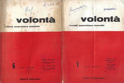 Volontà. Rivista Anarchica Mensile - Anno XV - 1962 - N. 1 (Gennaio), N. 6 (Giugno) - copertina