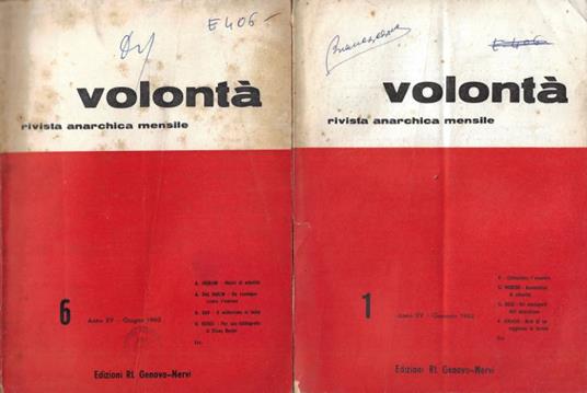 Volontà. Rivista Anarchica Mensile - Anno XV - 1962 - N. 1 (Gennaio), N. 6 (Giugno) - copertina