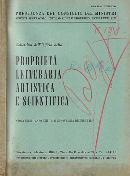 Bollettino dell'Ufficio della Proprietà letteraria artistica e scientifica n. 11-12 Anno 1957 - copertina