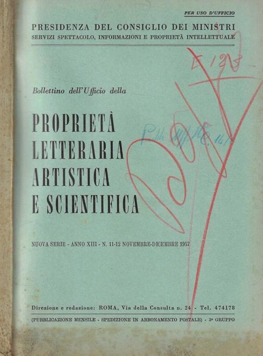 Bollettino dell'Ufficio della Proprietà letteraria artistica e scientifica n. 11-12 Anno 1957 - copertina
