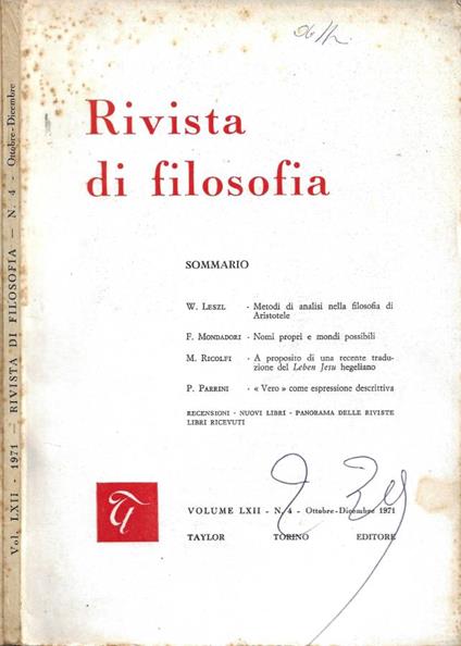 Rivista di Filosofia - Vol LXII - N. 4 - Ottobre-Dicembre 1971 - copertina