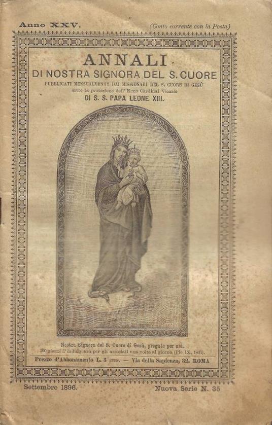 Annali di Nostra Signora del S. Cuore - Anno XXV - Nuova Serie - N. 35 - Settembre 1896 - copertina