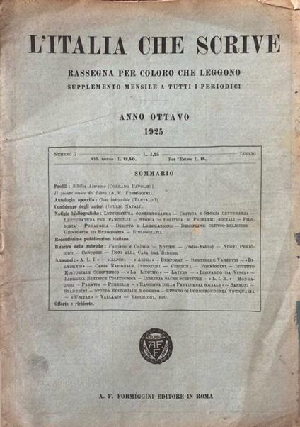 L' Italia che scrive anno VIII, n 7, luglio 1925 - A. Formiggini - copertina