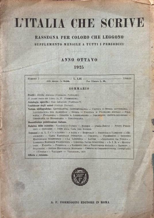 L' Italia che scrive anno VIII, n 7, luglio 1925 - A. Formiggini - copertina