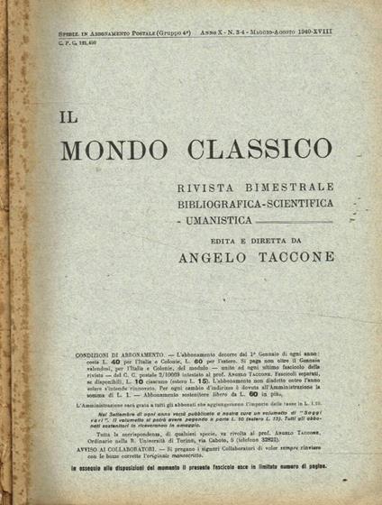 Il Mondo Classico. Rivista bimestrale bibliografica scientifica umanistica fasc.3/4, 5/6, anno 1940 - copertina