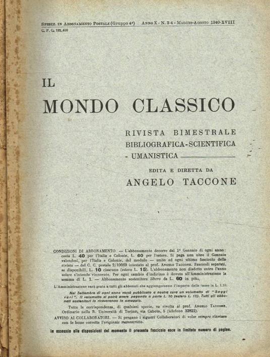 Il Mondo Classico. Rivista bimestrale bibliografica scientifica umanistica fasc.3/4, 5/6, anno 1940 - copertina