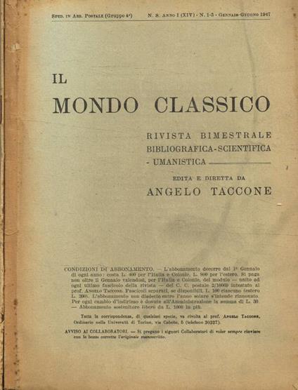 Il Mondo Classico. Rivista bimestrale bibliografica scientifica umanistica, anno 1947 - copertina