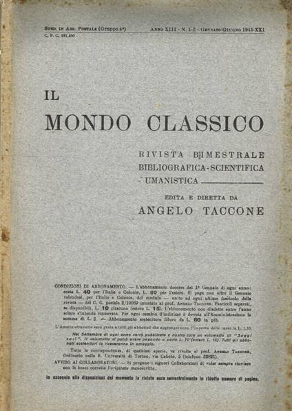 Il Mondo Classico. Rivista bimestrale bibliografica scientifica umanistica fasc.1/3, gennaio-giugno 1943 - copertina
