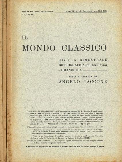 Il Mondo Classico. Rivista bimestrale bibliografica scientifica umanistica, anno 1941 - copertina