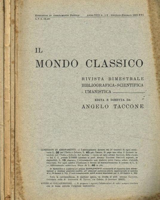 Il Mondo Classico. Rivista bimestrale bibliografica scientifica umanistica, anno 1938+ supplemento settembre - copertina