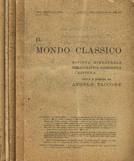 Il Mondo Classico. Rivista bimestrale bibliografica scientifica umanistica, anno 1936+ supplemento settembre - copertina