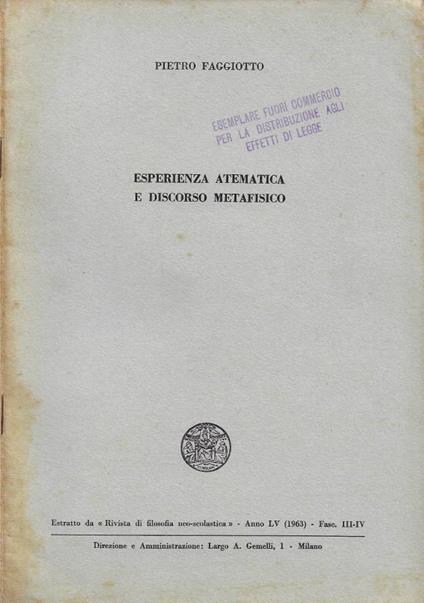 Esperienza atematica e discorso metafisico - copertina