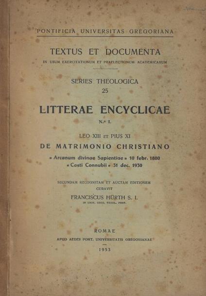 Litterae Encyclicae n. 1- De Matrimonio Christiano - copertina