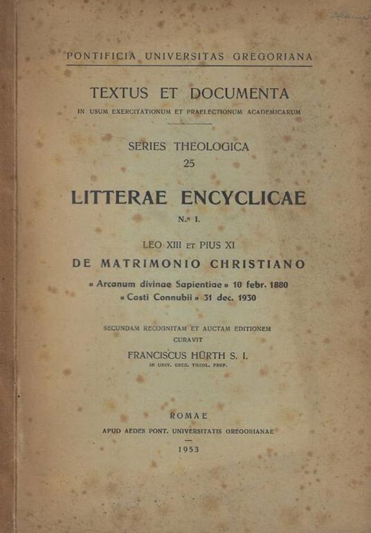 Litterae Encyclicae n. 1- De Matrimonio Christiano - copertina
