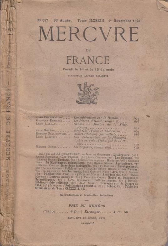 Mercure de France anno 36, n 657, tomo CLXXXIII, 1 nov 1925 - copertina