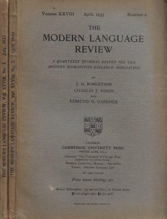 The Modern Language Review. A Quarterly Journal Edited for the Modern Humanities Research Association - Volume XXVIII - 1933 - N. 2 (April), N. 3 (July) - copertina