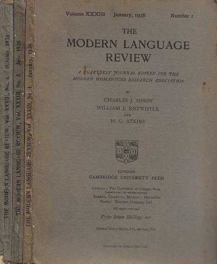 The Modern Language Review. A Quarterly Journal Edited for the Modern Humanities Research Association - Volume XXXIII - 1938 - N. 1 (January), N. 3 (July), N. 4 (October) - copertina