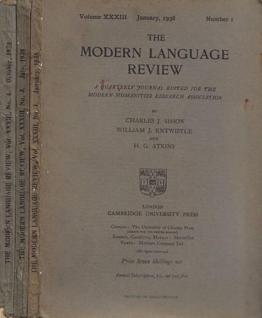 The Modern Language Review. A Quarterly Journal Edited for the Modern Humanities Research Association - Volume XXXIII - 1938 - N. 1 (January), N. 3 (July), N. 4 (October) - copertina