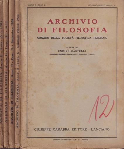 Archivio di Filosofia, anno II, Fasc. I-IV, 1932 - Enrico Castelli - copertina
