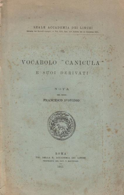 Il vocabolo "canicula" - Francesco D'Ovidio - copertina