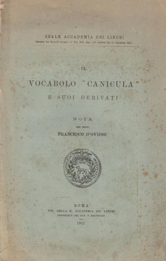Il vocabolo "canicula" - Francesco D'Ovidio - copertina