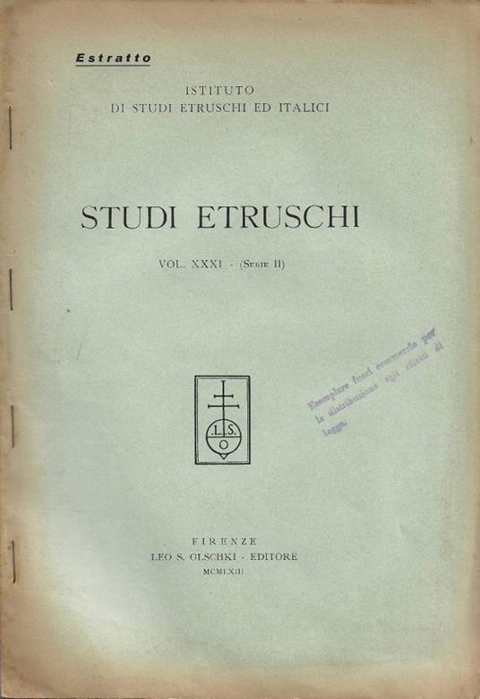 Studi Etruschi. Vol. XXXI - (Serie II) [Estratto] - Marcello Durante - copertina