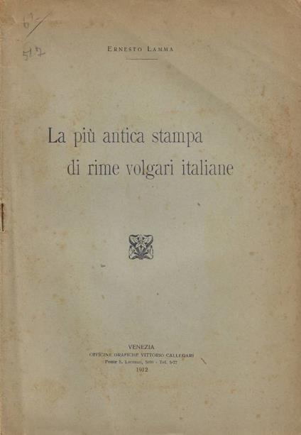 La più antica stampa di rime volgari italiane - Ernesto Lamma - copertina