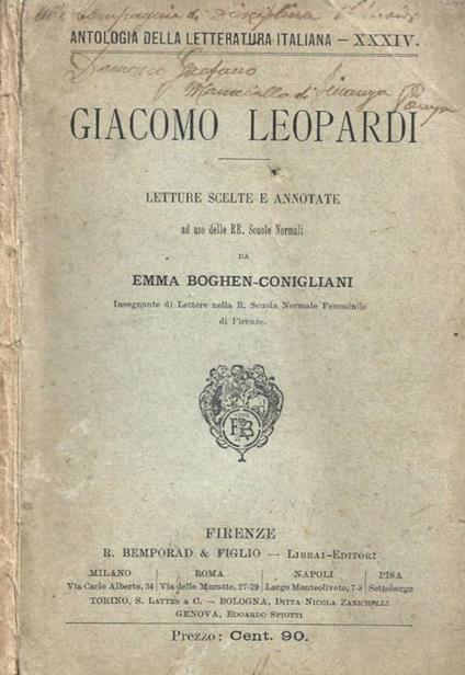 Letture scelte e annotate ad uso delle RR. Scuole Normali - Giacomo Leopardi - copertina