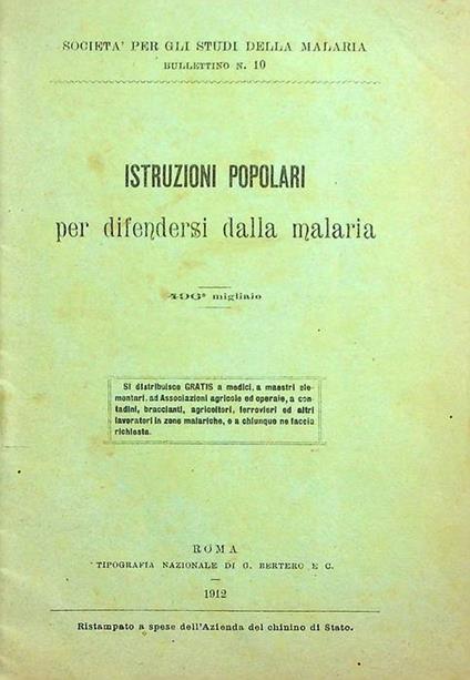 Istruzioni popolari per difendersi dalla malaria: (Società per gli studi della malaria) - copertina