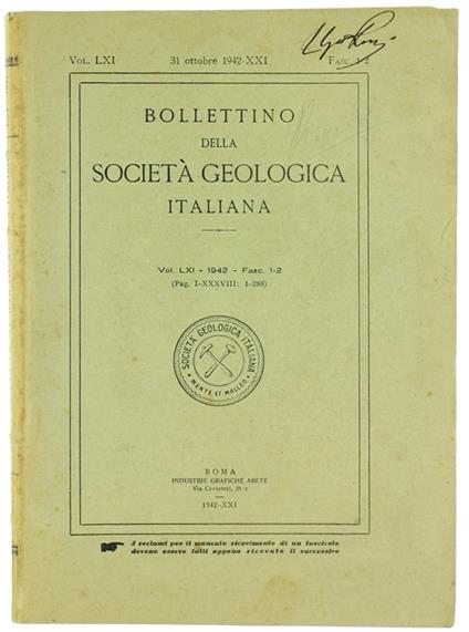 BOLLETTINO DELLA SOCIETA' GEOLOGICA ITALIANA. Volume LXI - 1942. Fasc. 1-2 - copertina