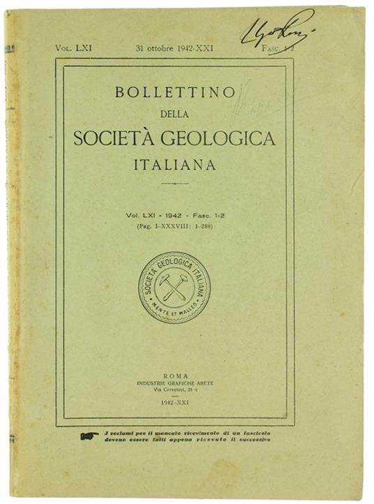 BOLLETTINO DELLA SOCIETA' GEOLOGICA ITALIANA. Volume LXI - 1942. Fasc. 1-2 - copertina