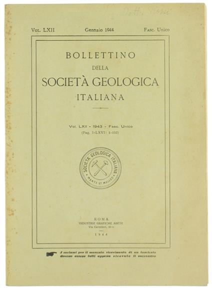 BOLLETTINO DELLA SOCIETA' GEOLOGICA ITALIANA. Volume LXII - 1943. Fascicolo unico - copertina