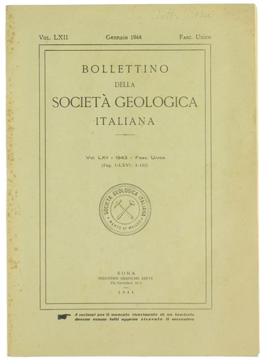 BOLLETTINO DELLA SOCIETA' GEOLOGICA ITALIANA. Volume LXII - 1943. Fascicolo unico - copertina